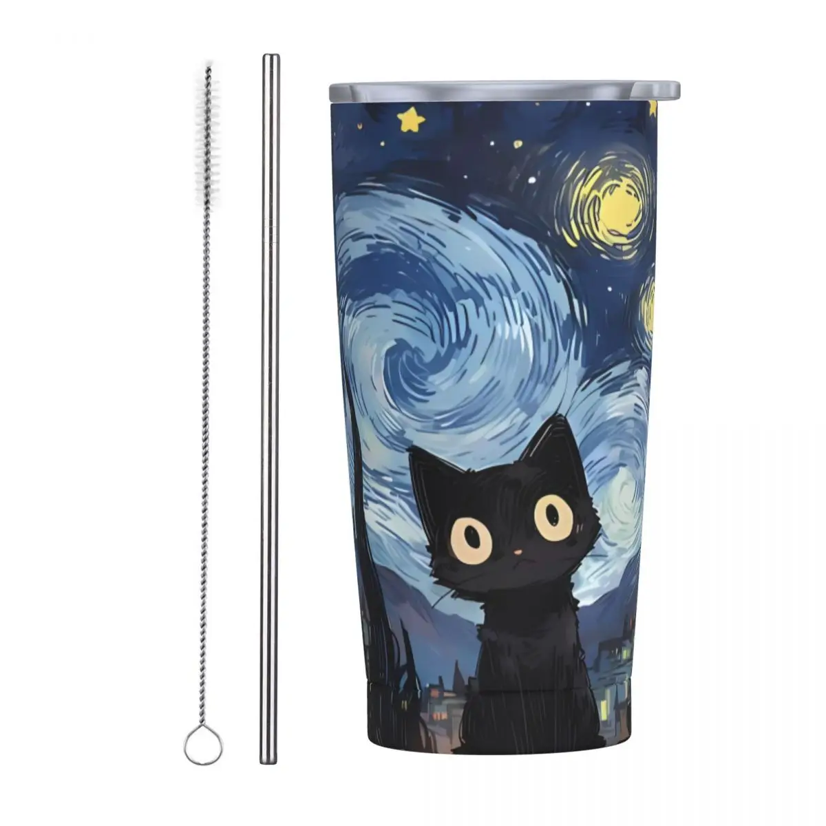 Stainless Steel Tumbler Van Gogh Oil Painting Thermal Mug Black Cat Portable Cold Drink Mugs Cup Driving Printed Water Bottle