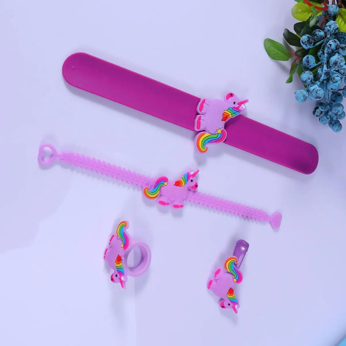 4개 유니콘 스냅 링 머리핀 만화 손목 밴드 보라색 어린이 Cilp 어린이