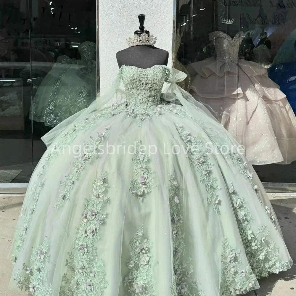 Angelsbridep Sage Green Mexican Ball Gown Quinceanera Dresses With 3D Lace Appliques Beading Bow Vestidos De XV Anos