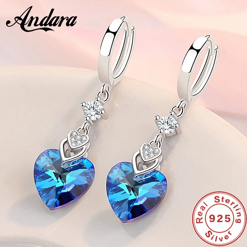 925 Sterling Silver Earrings Blue Crystal Heart-Shaped Zircon Earrings For A Woman\'S Engagement Charm Jewelry Gift