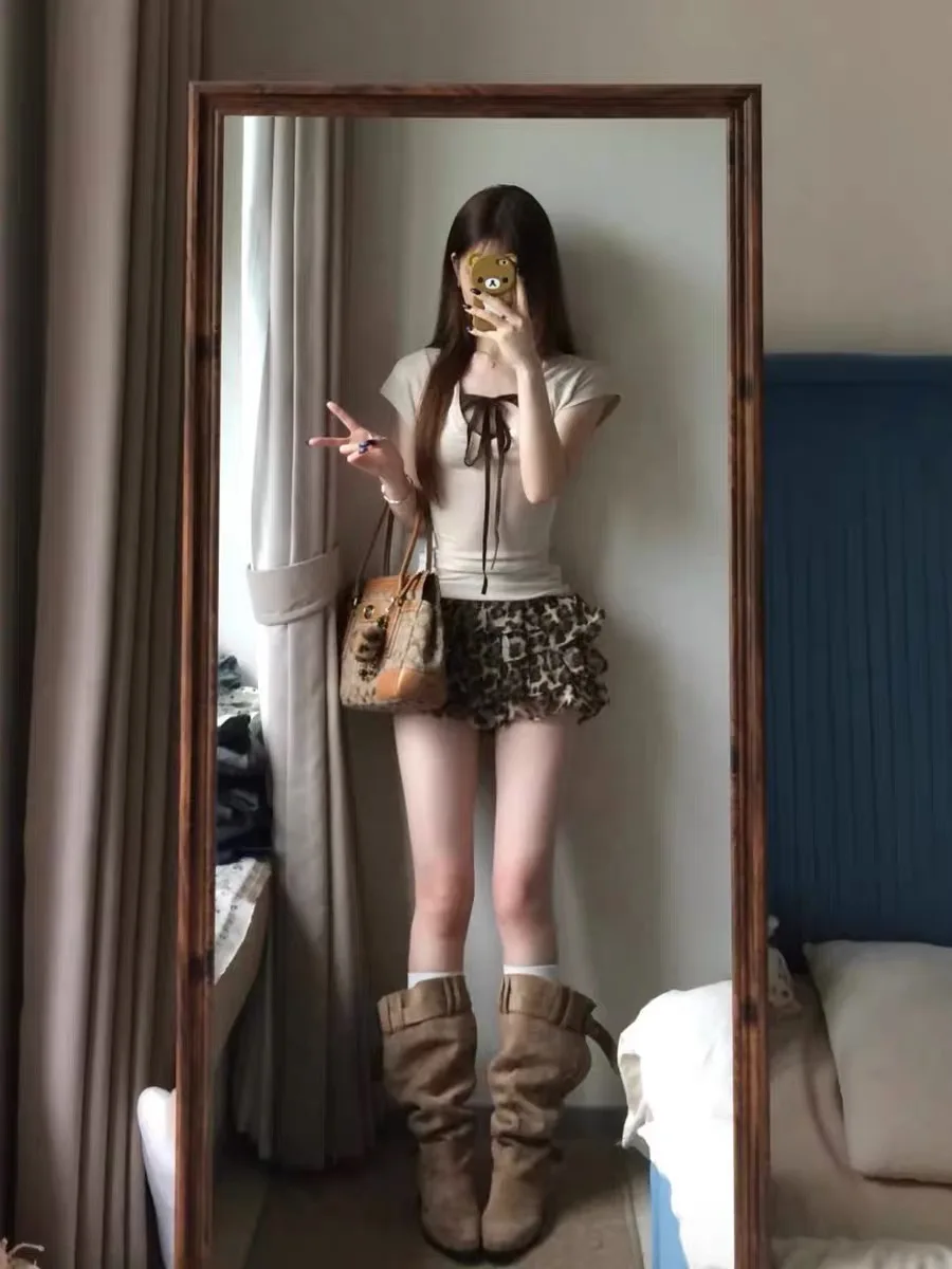 plus Size Korean Design Leopard Print  Skirt Women Summer American Retro Small Cake Shape Flared Skirt Casual High Waist