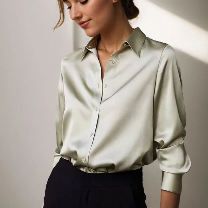 New Fashion Simple Satin Blouse Women Loose Button Up Long Sleeve Women\'s Shirts Office Lady Tops Woman Casual Clothes 11355