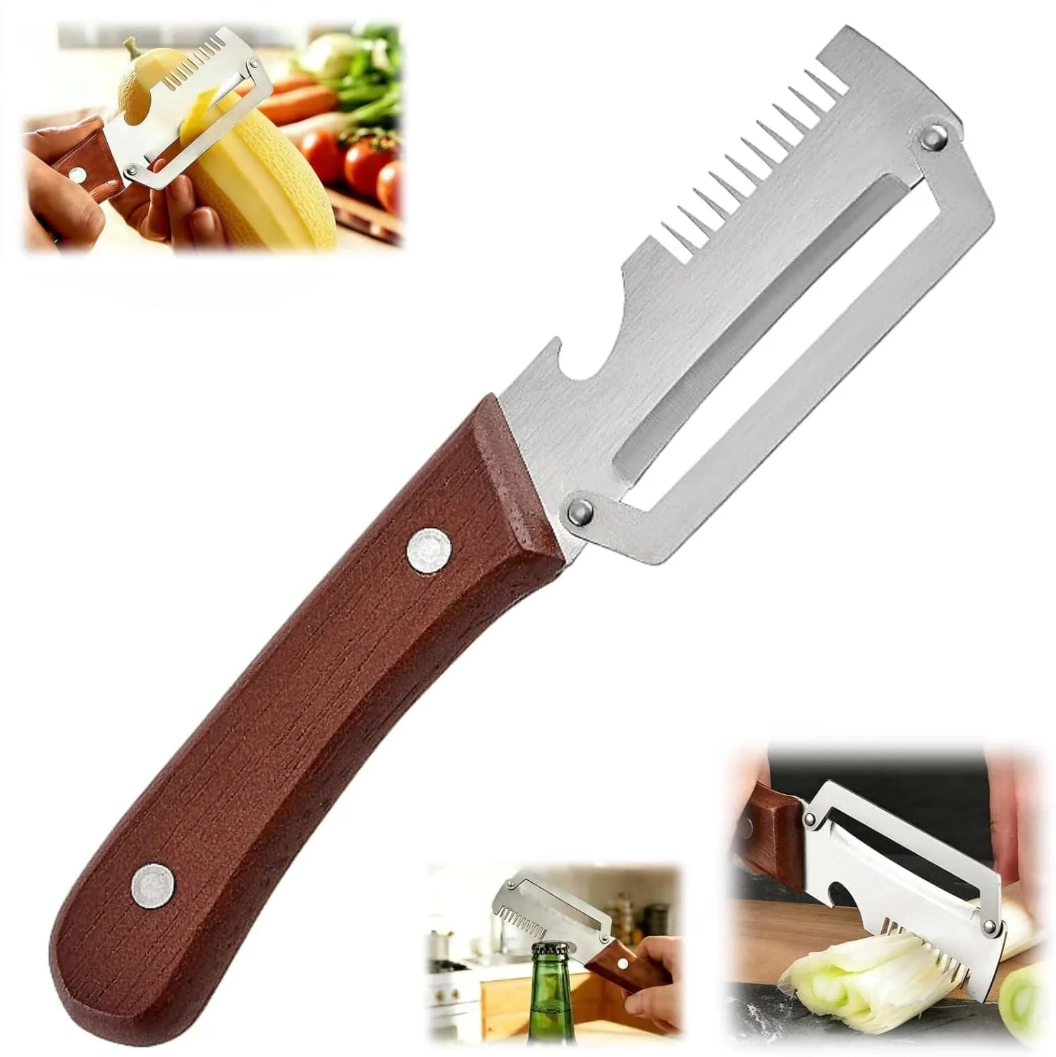 Multifunctional Vegetable Peeler 3-In-1 Kitchen Gadget With Wooden Handle Bottle Opener And ShredderSuitable for Potatoes