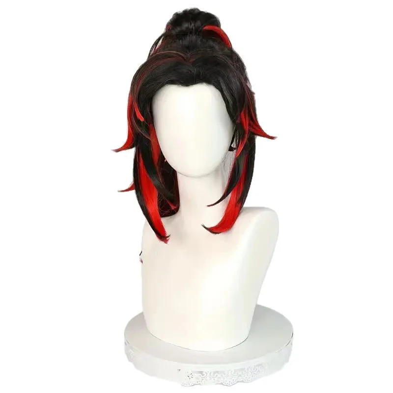 Peluca de cosplay Black Antennae Kiyomitsu estilo cola de caballo alta de red rosa degradado negro y rojo