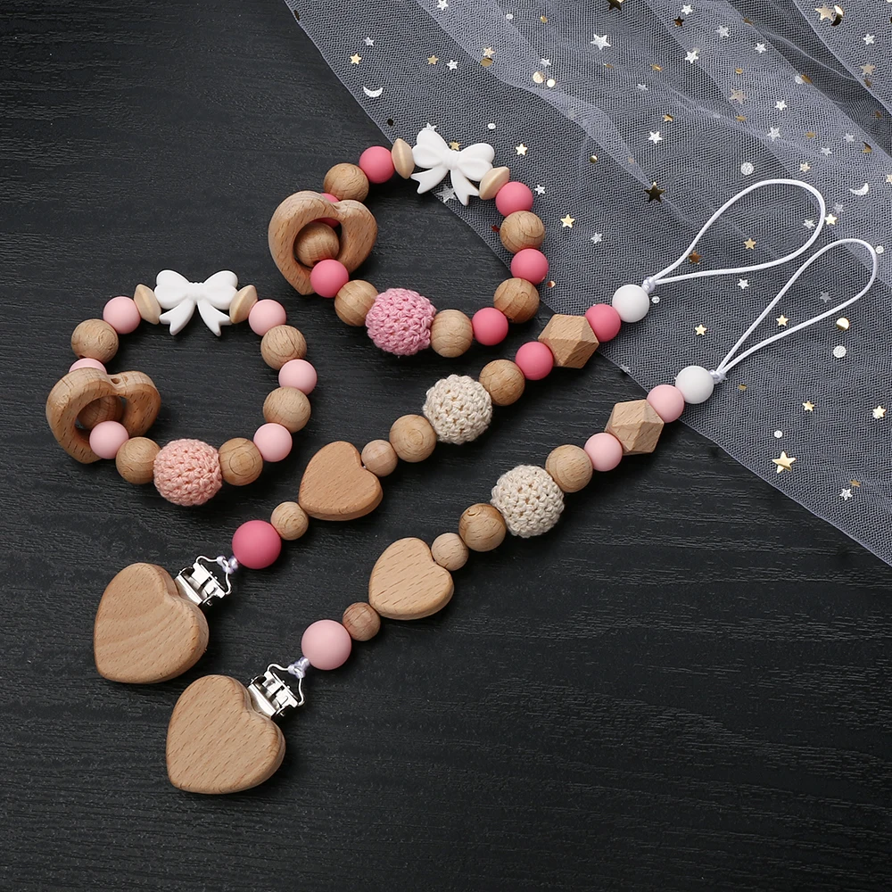 2Pcs Personalized Name Diy Baby Pacifier Clip Chain Heart Wood Silicone Teethers Dummy Nipple Holder Clips Teething Toy Bracelet