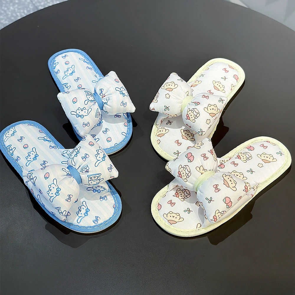 Sanrio Cute Slippers Big Bowknot Kuromi My Melody Indoor Shoes Cartoon Anime Pochacco Cinnamoroll Comfortable Slipper Flat Girl