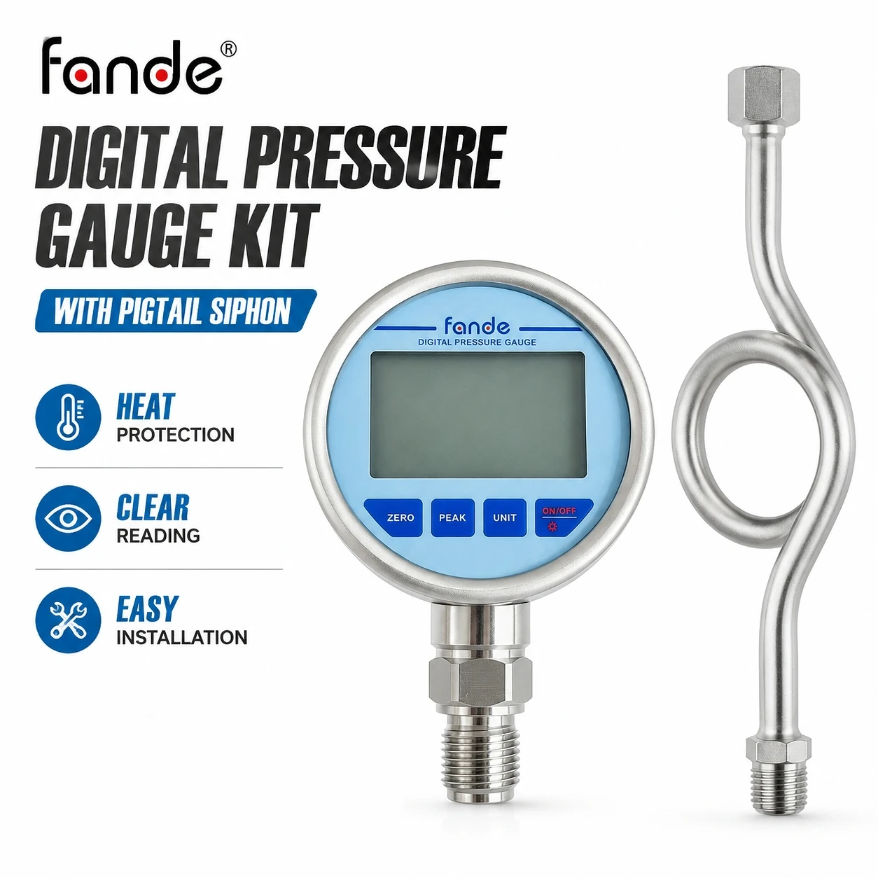 Boiler Pressure Gauge 304SS Manometer 0.5FS  with Cooling Loop PTFE Seal G1/2 Connection for Boiler HVAC Heating Pipeline