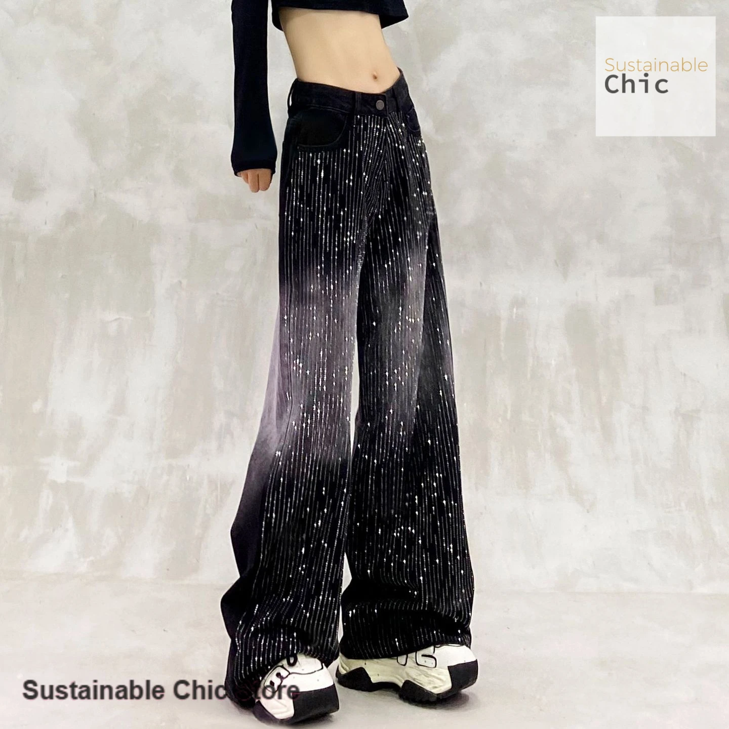 Korean retro gradient color matching shiny rhinestone jeans women's autumn and winter new high waist straight wide-leg pants.