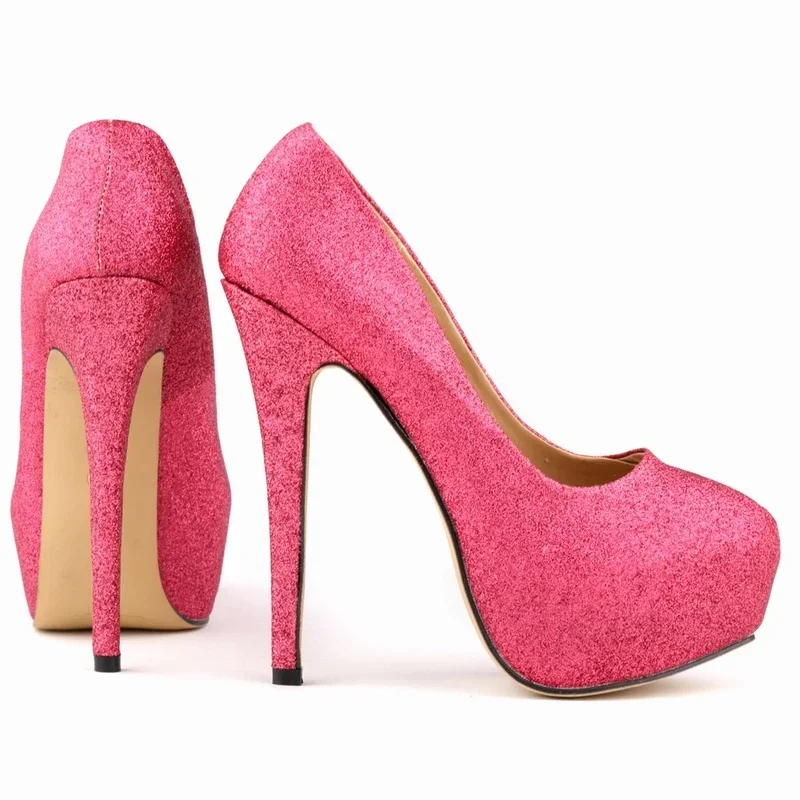 

Women Sexy Pumps Stilettos Round Toes Platform High Heels Glitter Gold Nightclub 14cm Ladies Wedding Party Shoes Large Size 44