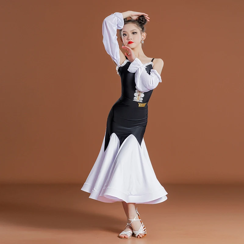 Children Fashion Ballroom Dance Dress Off-Shoulder Waltz Standard Dancing Performance Costume Girls Tango Dance Clothing DL11439