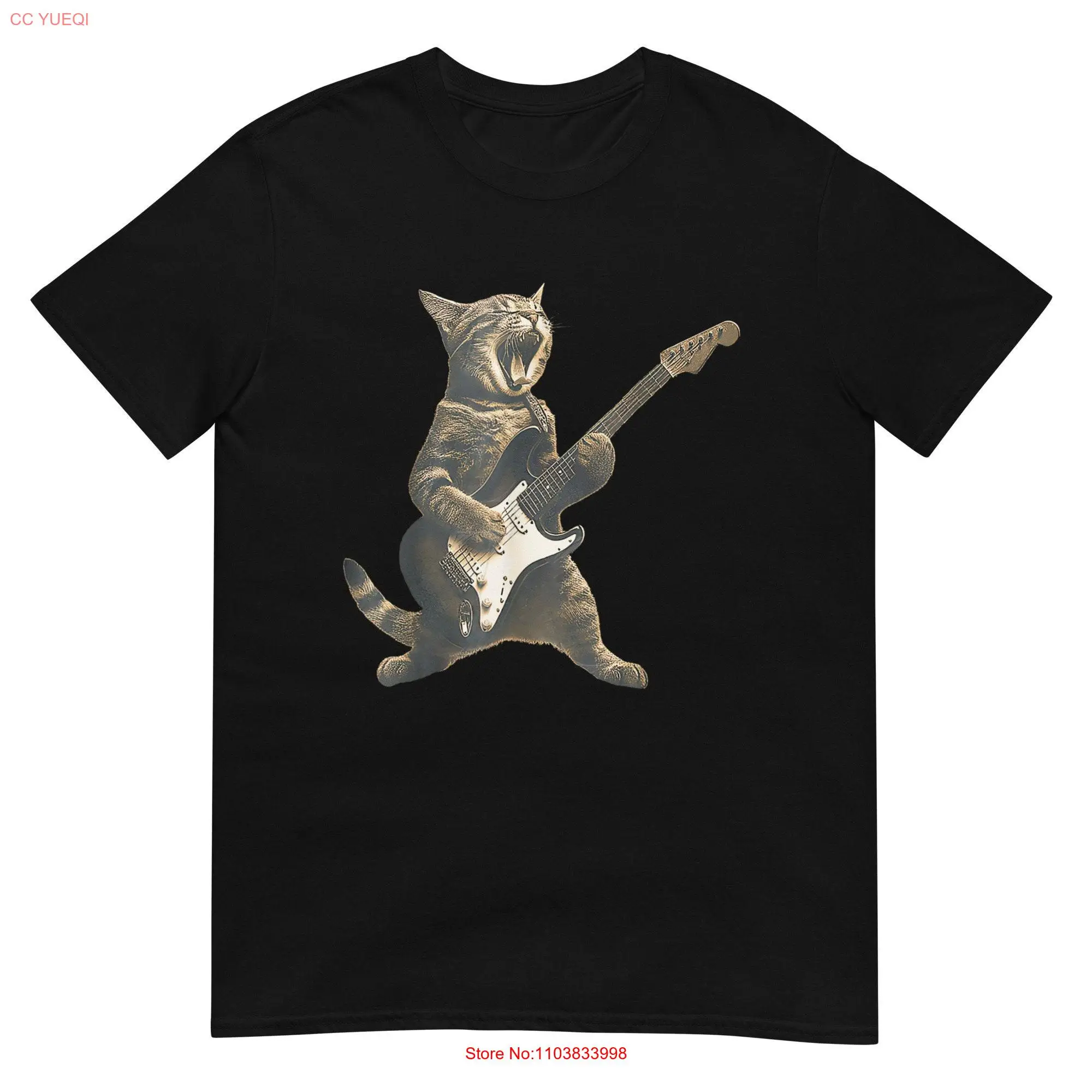 Gato de rock vintage tocando guitarra camiseta, mangas longas ou curtas