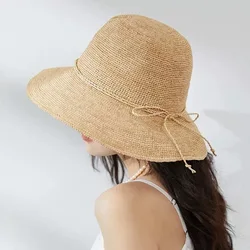USPOP Foldable Sun Hat for Women Hand-Crocheted Rafia Hat with Butterfly Knot Straw Beach Hat
