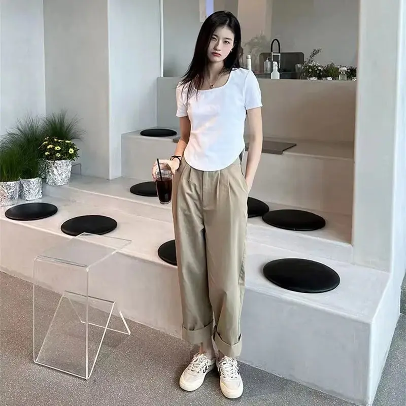 Women Solid Color Square Collar Short Sleeve T-shirt Fashion Irregular Crop Top