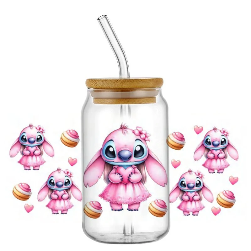 Miniso Pink Stitch 3D UV DTF Cup Wrap for 16oz Libbey Glasses DIY Cartoon Decal Mug Washable Self-adhesive Transfer Sticker