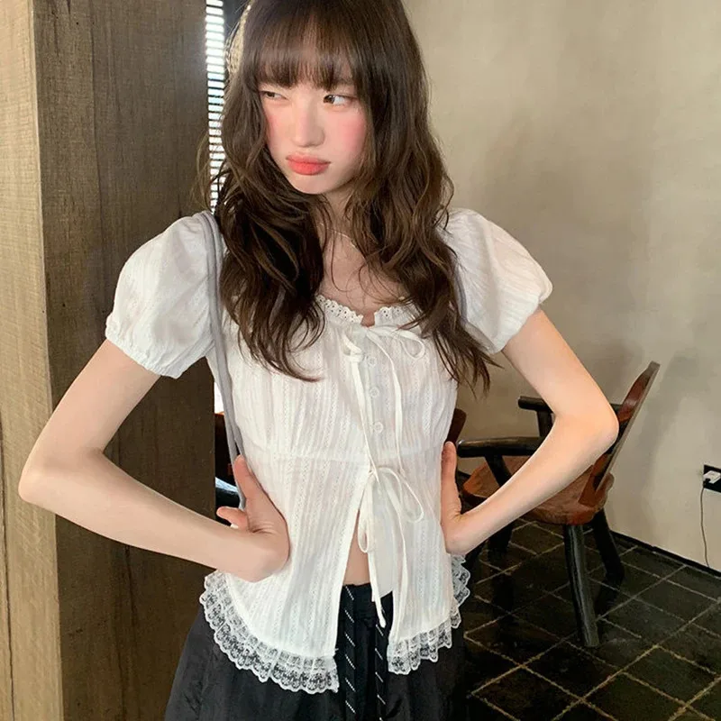 

Sweet Lace Patchwork Shirt Women Fashion Chic Crop Tops Summer Korean Harajuku All Match Puff Sleeve Blouse Blusas Mujer
