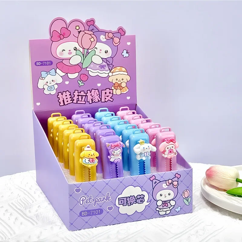 Sanrio Kuromi Eraser 12/24pcs Kawayi Melody Cinnamonroll Painting Push-Pull Eraser Children'S Pom Pom Purin Student Stationery