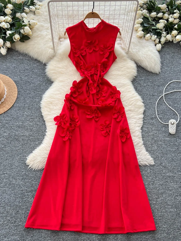 

Elegant High-End Women's Dress with Exquisite 3D Flowers Sleeveless Waist-Cinching Long Skirt for Summer Commute Korean Style