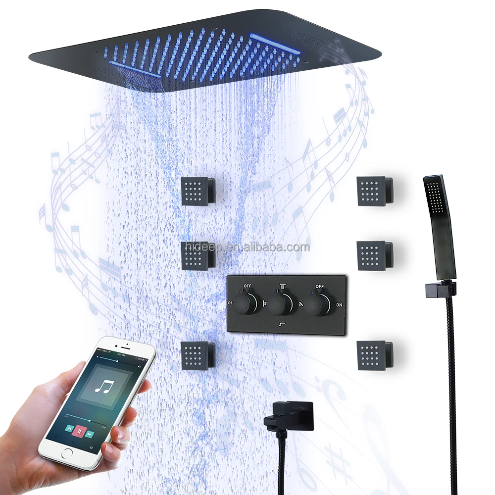 

HIDEEP Ceiling Mounted Bathroom Shower Set Hot Cold Main Body Rain Waterfall LED Music Head Black Faucet