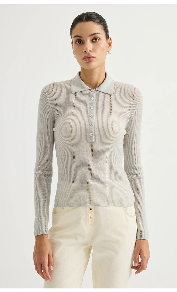 BY3621691 Damen-Polokragen-Pointelle-Strickjacke aus Wollmischung mit langen Ärmeln, halber Knopfleiste, Muschelknopfverschluss, Kette, dezenter Luxus für den Herbst – Detail 3