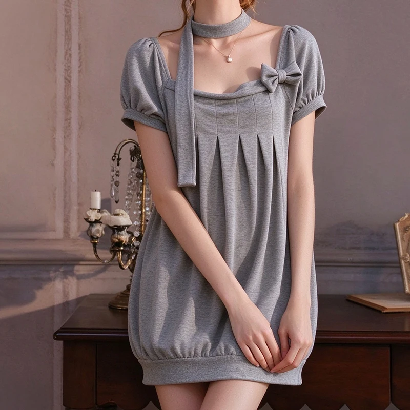 European and American Early Autumn Gray Halter Lace-up Idle Style Puff Sleeve Casual Joker Women T-shirt