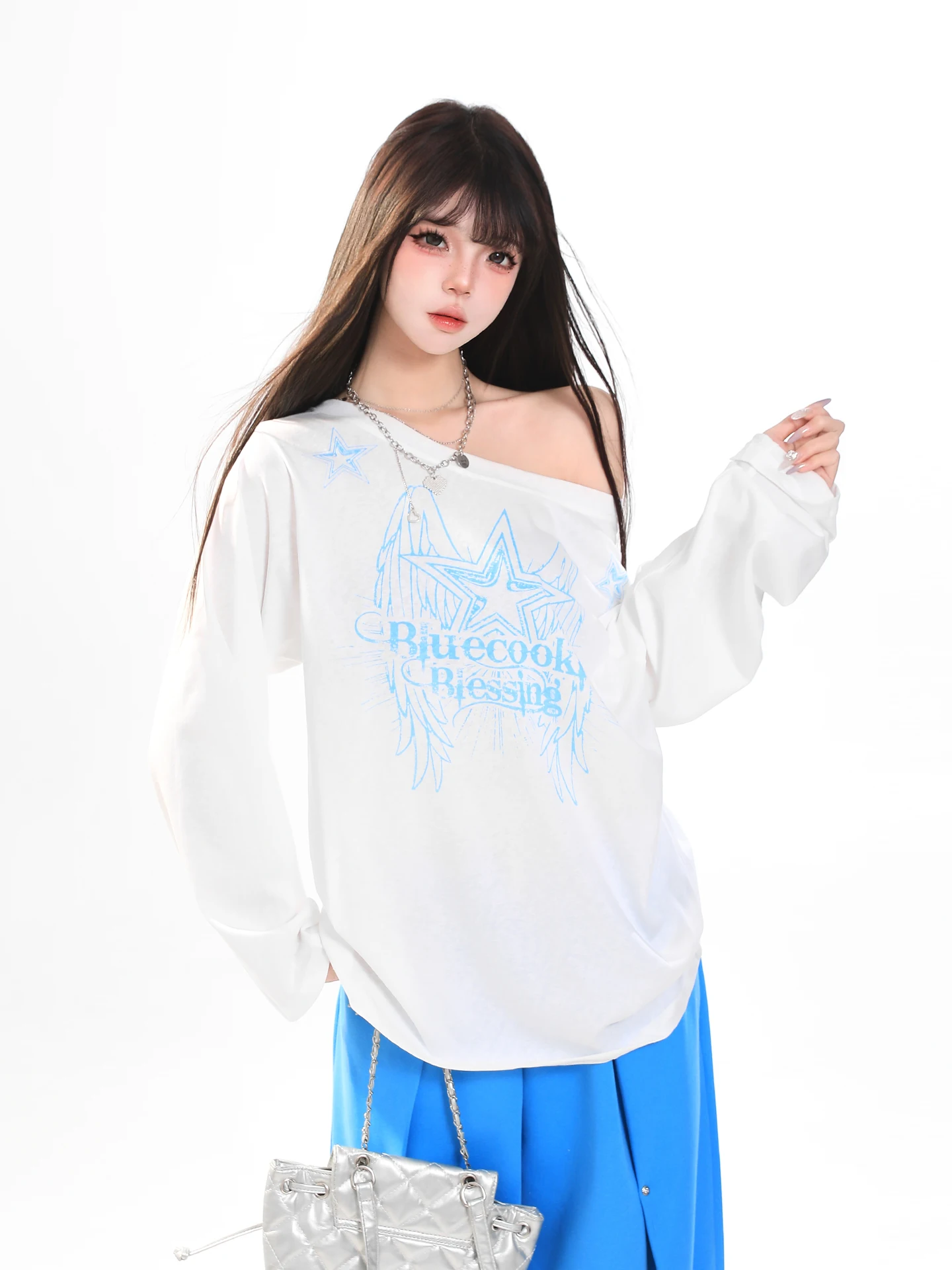 Chic Star Print Long Sleeve Loose Women's T-shirt Spring Lazy Style Casual Comfortable Super Beautiful Elegant Top