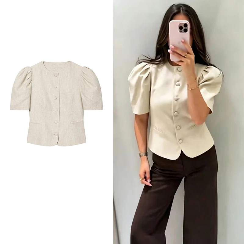 

Summer New Women's Blazers Blouse 2026 Fashion Slim Bubble Sleeves Elegant Office Shirt Jackets Women's Chic Youth Travel Blouse