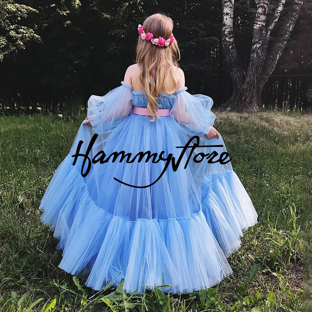 Robe de princesse en Tulle doux pour filles, tenue de soirée, longue, à manches bouffantes, motif floral, bleu ciel