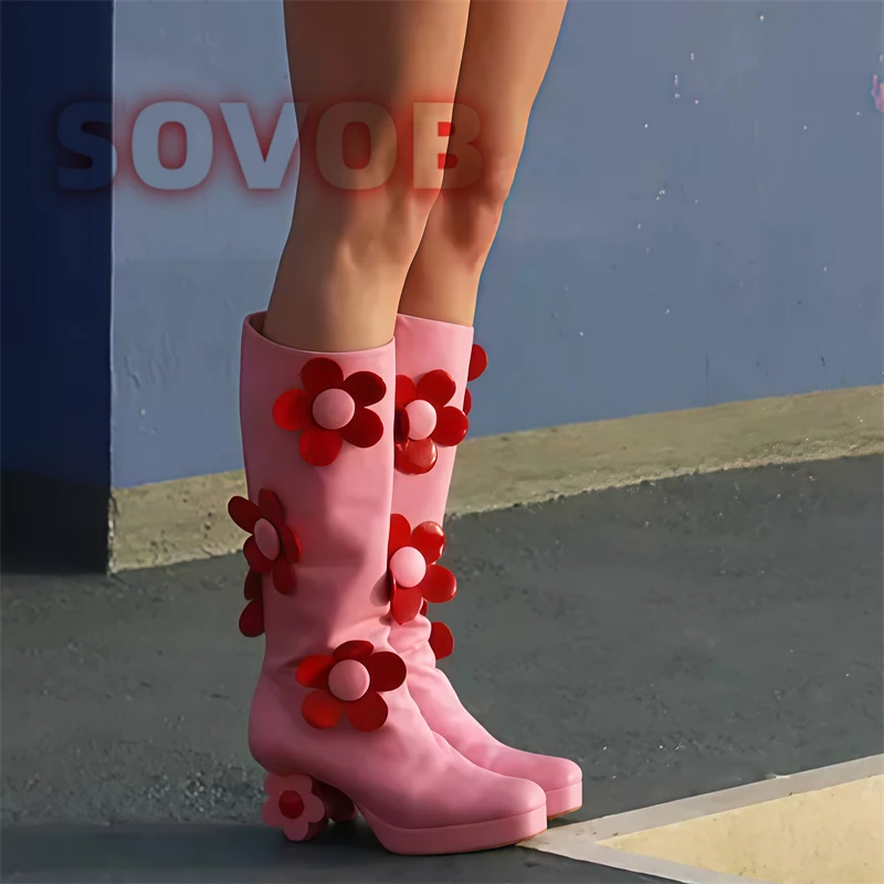 Western Floral Platform Boots,Red Flower Lower High Heels Boots,Designer Mid-calf Heeled Shoe For Women,Side Zipper Party Bootie