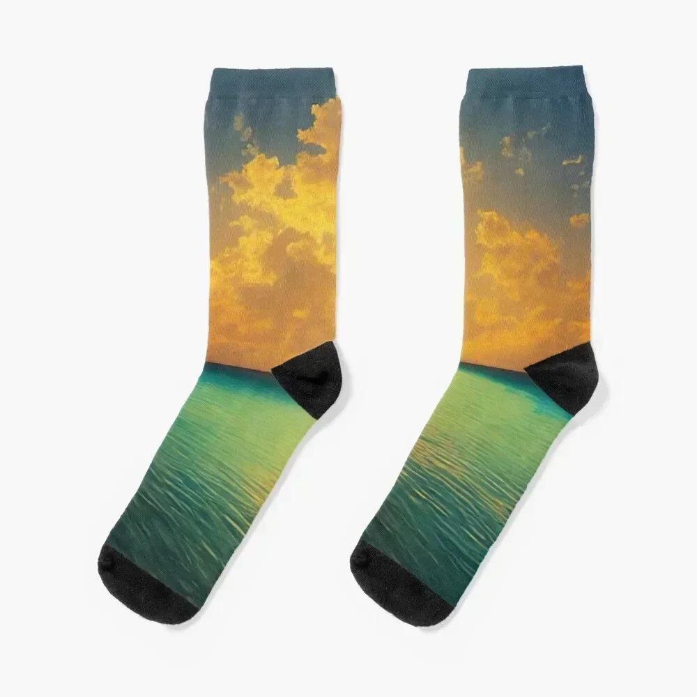 Watch Hill, Rhode Island ocean sunrise Napatree Point Beach coastal landscape art painting print Socks hiking Girl'S Socks Men's