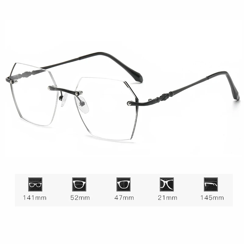 Fashion Blue Light Blocking Near Sight Glasses Rimless Diamond Cutting Optical Prescription Shortsighted Eyewear Diopter 0~-4.0