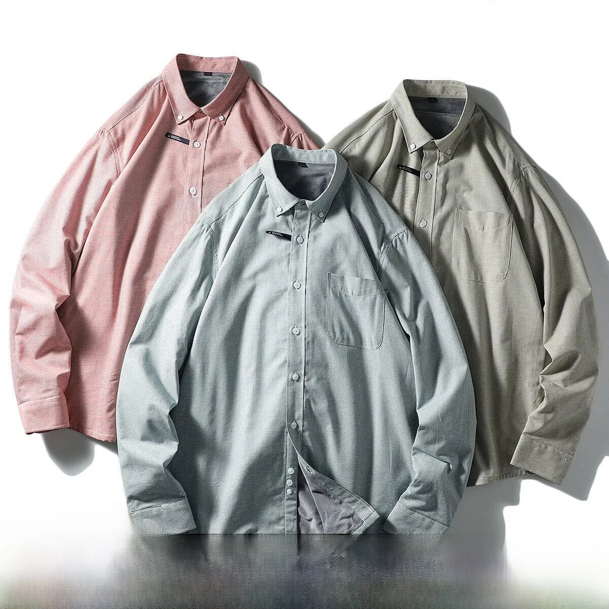 

Thickened Fleece Long Sleeve Men's Shirt Standard Fit Casual Style Bird's Eye Pattern Warm Unshakable Silver Velvet Cotton