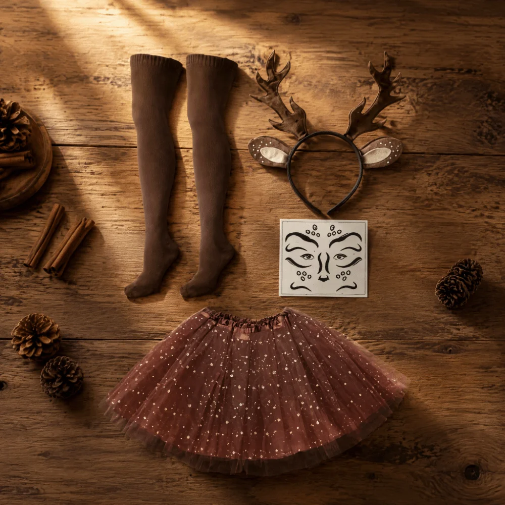 Furry Antler Deer Cosplay Kit Brown Polka Dot Mesh Tutu Skirt Reindeer Costume Set Reindeer Ears 4-Piece Set Tutu Skirt Set