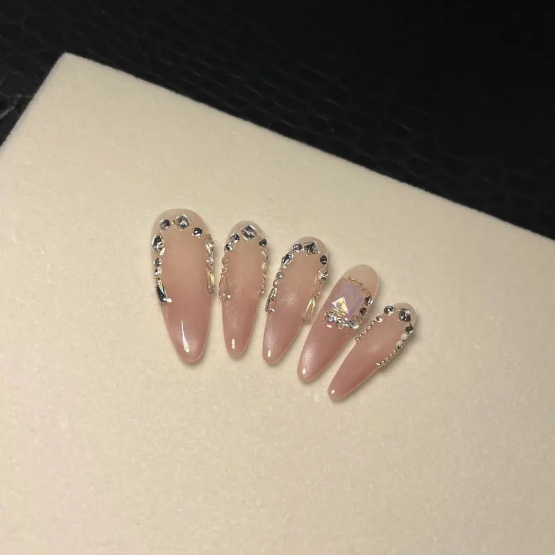 Handgemaakte Lange Roze Cat Eye Press Op Nagels Met Strass Ontworpen Herbruikbare Valse Nagels Kunstmatige Volledige Dekking Nageltips Manicure