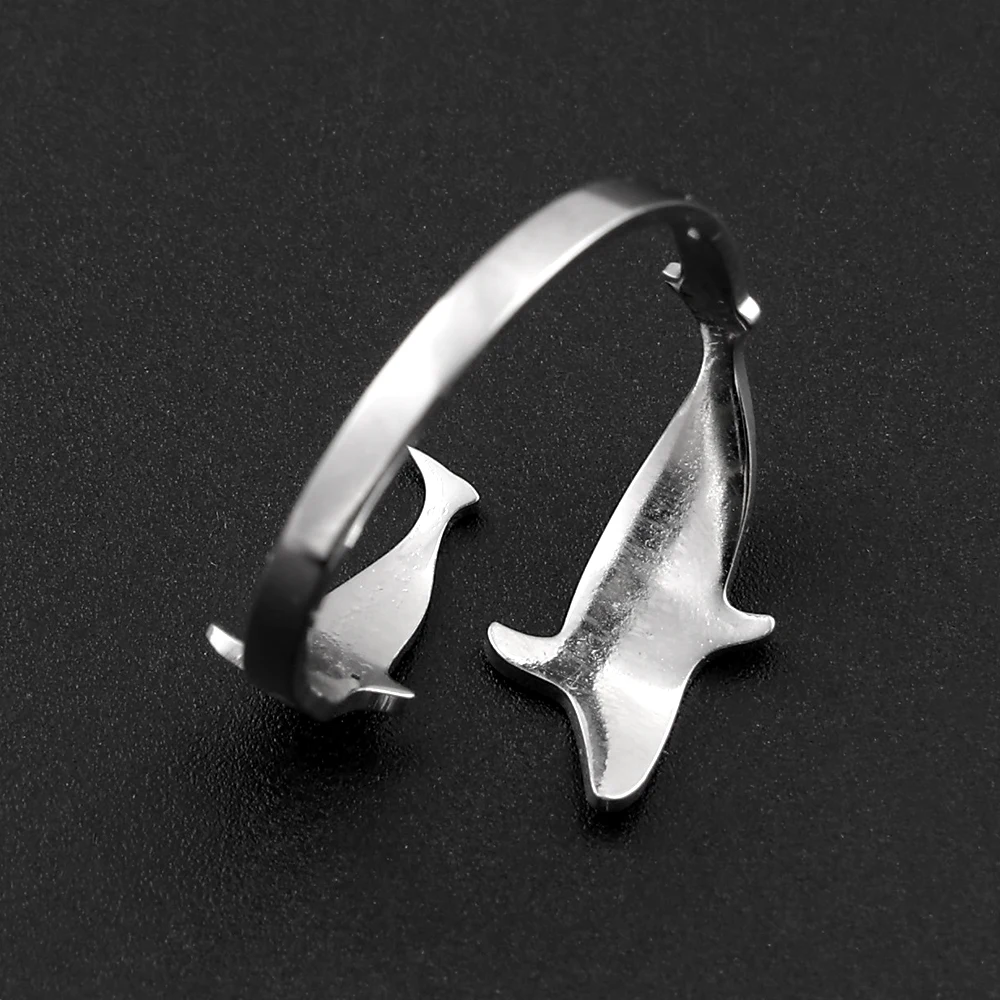 Double Shark Open Ring for Women Men Stainless Steel Animal Creative Great White Shark Black Silver Color Ring Ocean Jewelry