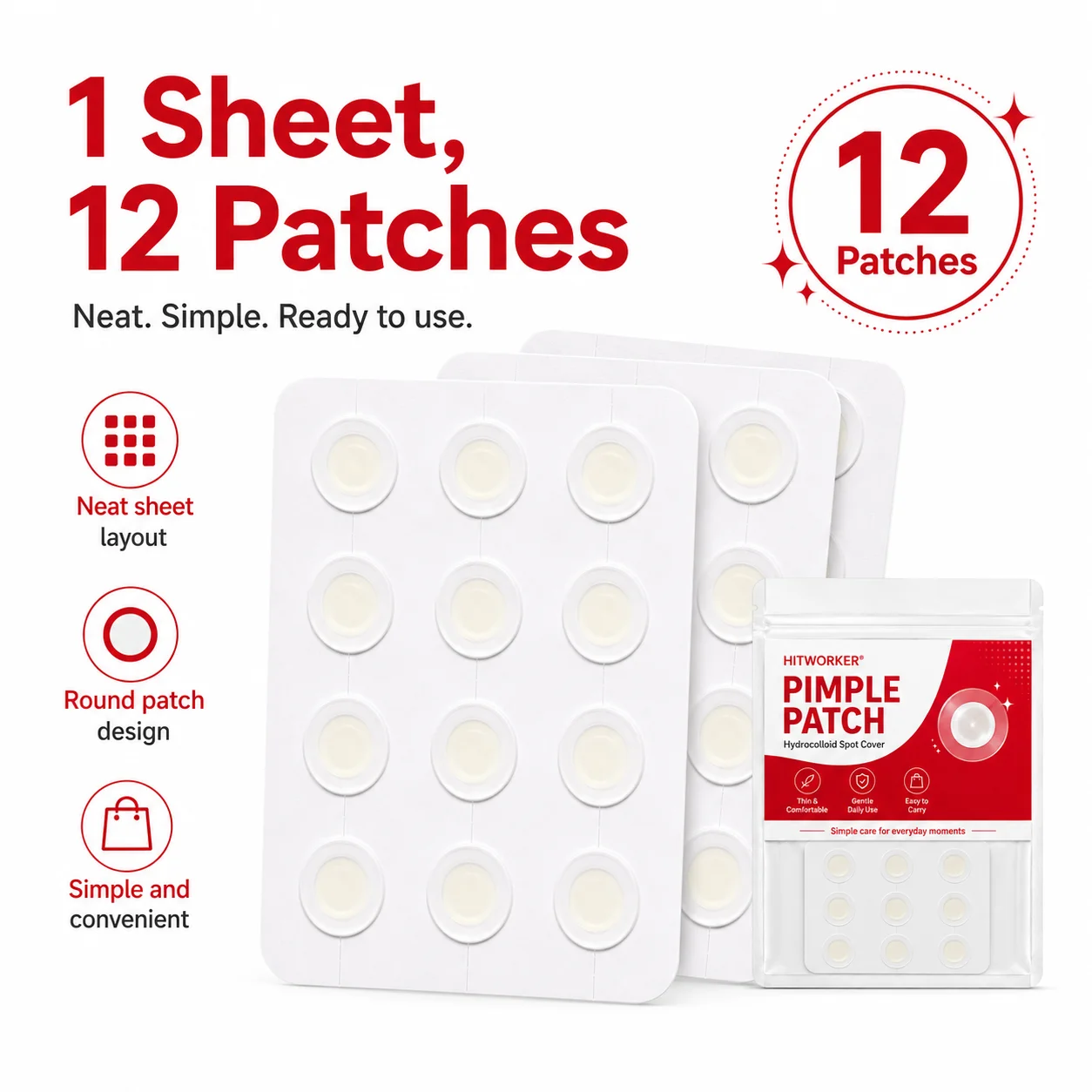 12PCS Hydrocolloid Pimple Patches, Thin Comfortable Face Spot Covers, Gentle Daily Wear, Portable Skin Care Patches