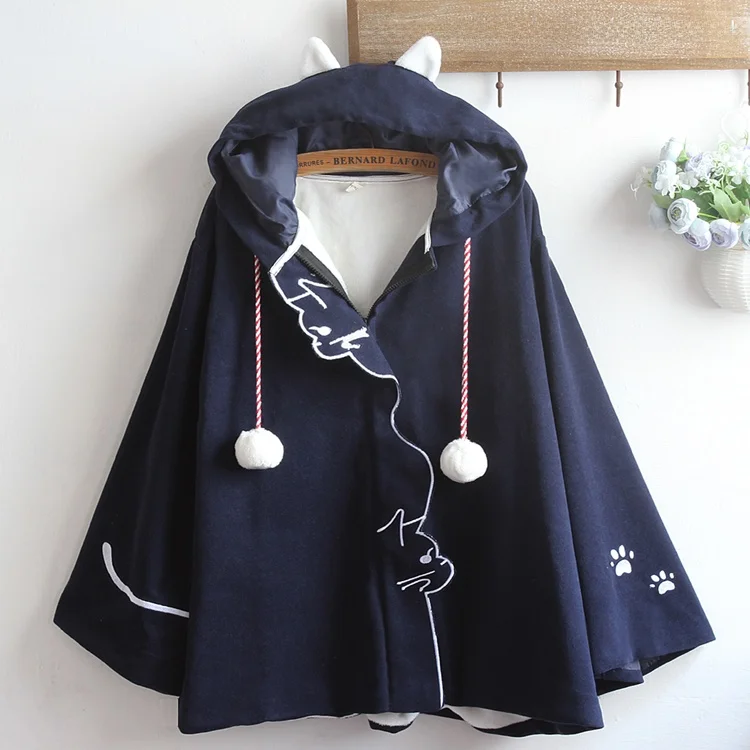 

Couples Soft Tweed Cloak with Tail Embroidery Flared Sve Fce Ear Hooded Jaet Sweet Japanese Sle Coat for Women