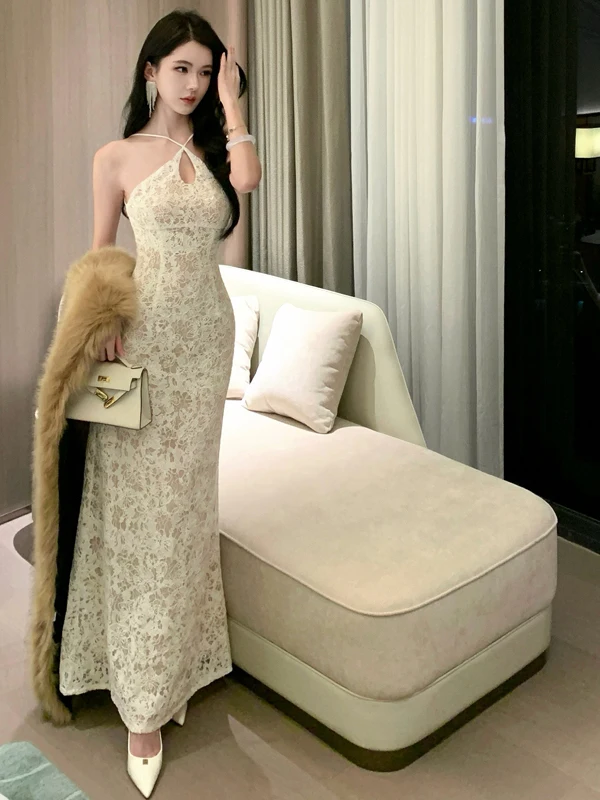 فستان سهرة أنيق من الدانتيل باللون البيج للنساء بدون أكمام بدون ظهر فستان حورية البحر فاخر للحفلات الراقصة فيستدوس رداء غاو #3