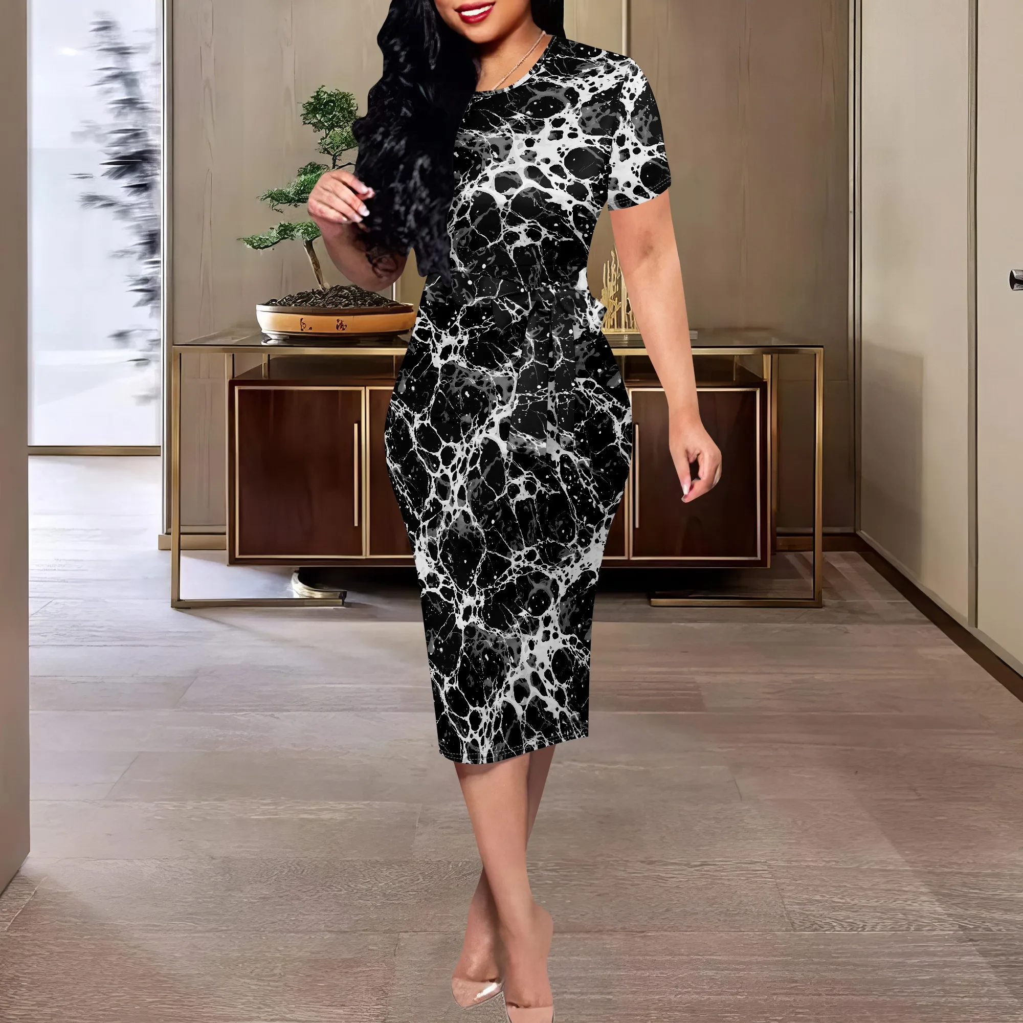 

Women's Marble Crack Print Bodycon Dress XS-3XL – Monochrome Chic Midi for Art Events or Streetwear