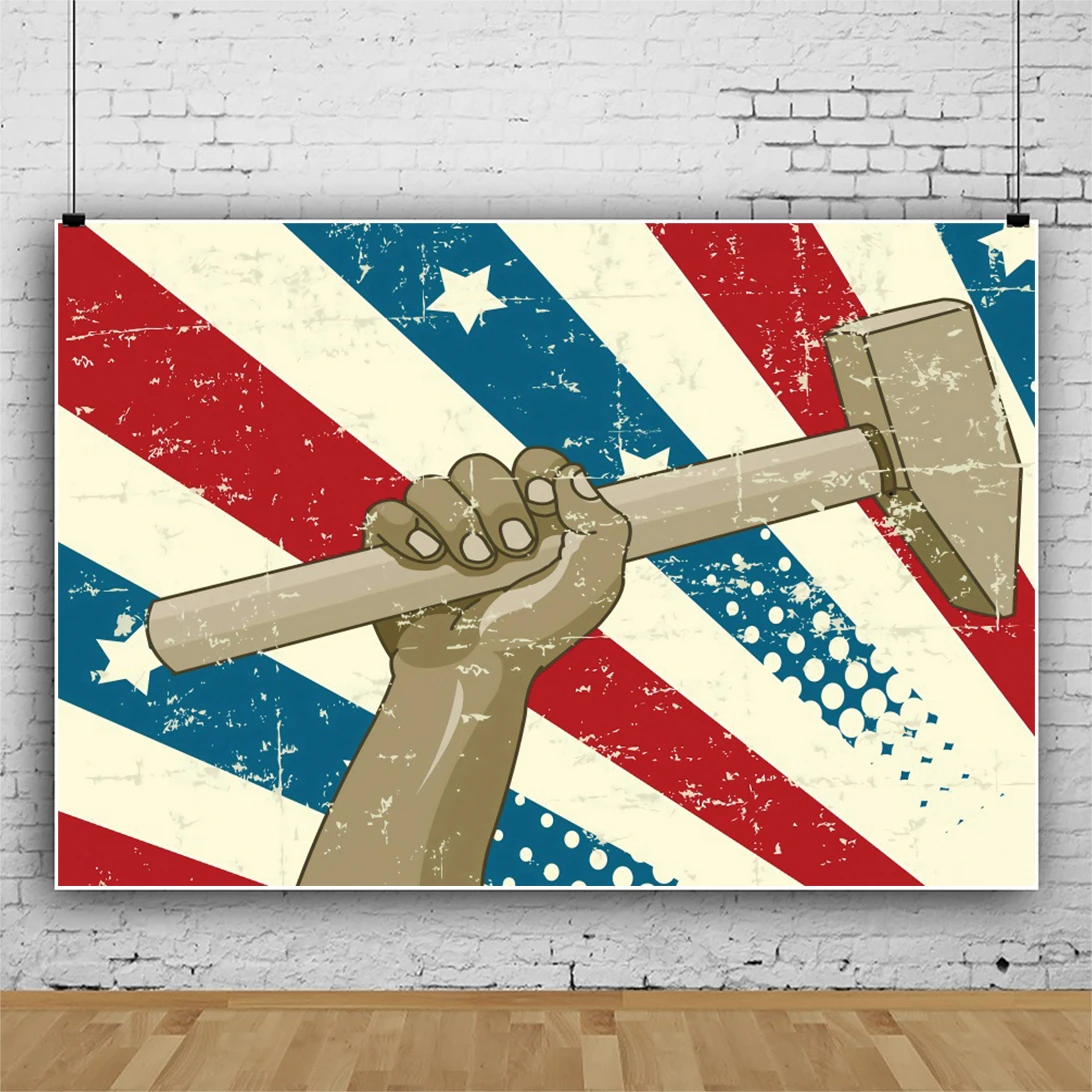 Laeacco Happy วันแรงงานฉากหลังสำหรับถ่ายภาพ Grunge American Flag ค้อนเด็กผู้ใหญ่วันหยุดฉลองภาพพื้นหลัง