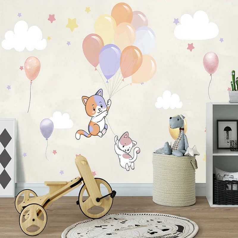 Cartoon Hot Air Balloon Wallpaper Custom 3D Wall Mural Hand-painted Kitten Clouds Children Bedroom Birthday Decor Painting Photo