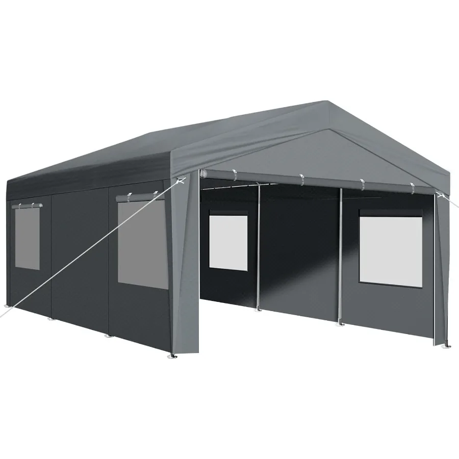 Portable Garage For Outdoor Use, Heavy Duty Steel Frame, Gray, Roll-up Windows For Ventilation