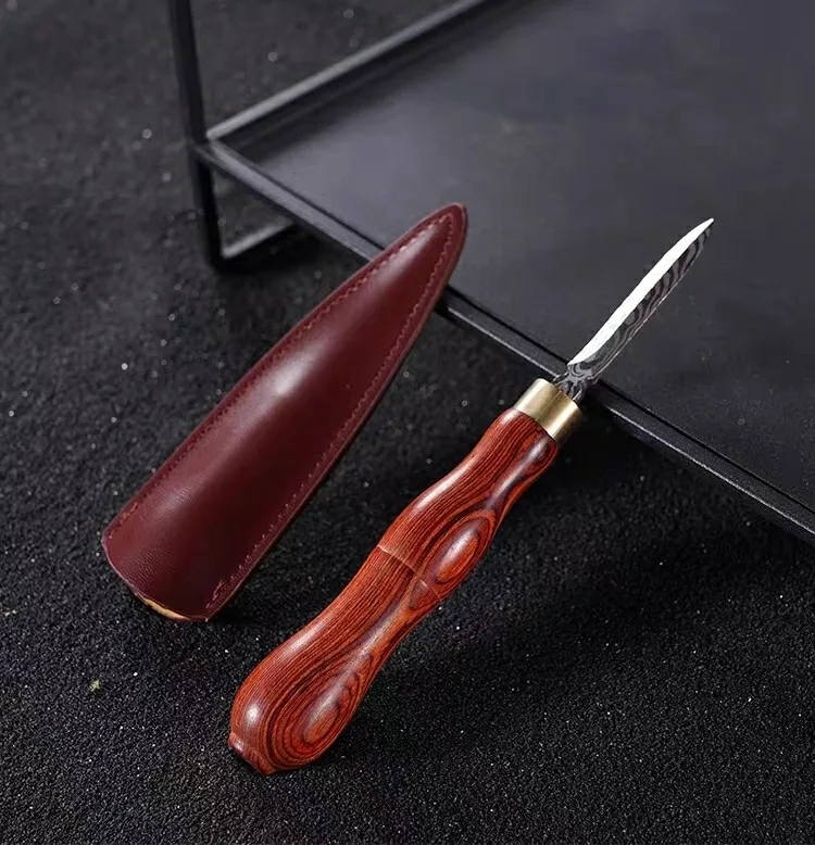 Pu'er Tea Knife Ebony Rosewood Tea Awl with Brick Tea Pry Tea Tool Belt Leather Cover Pattern Stainless Steel Tea Knife