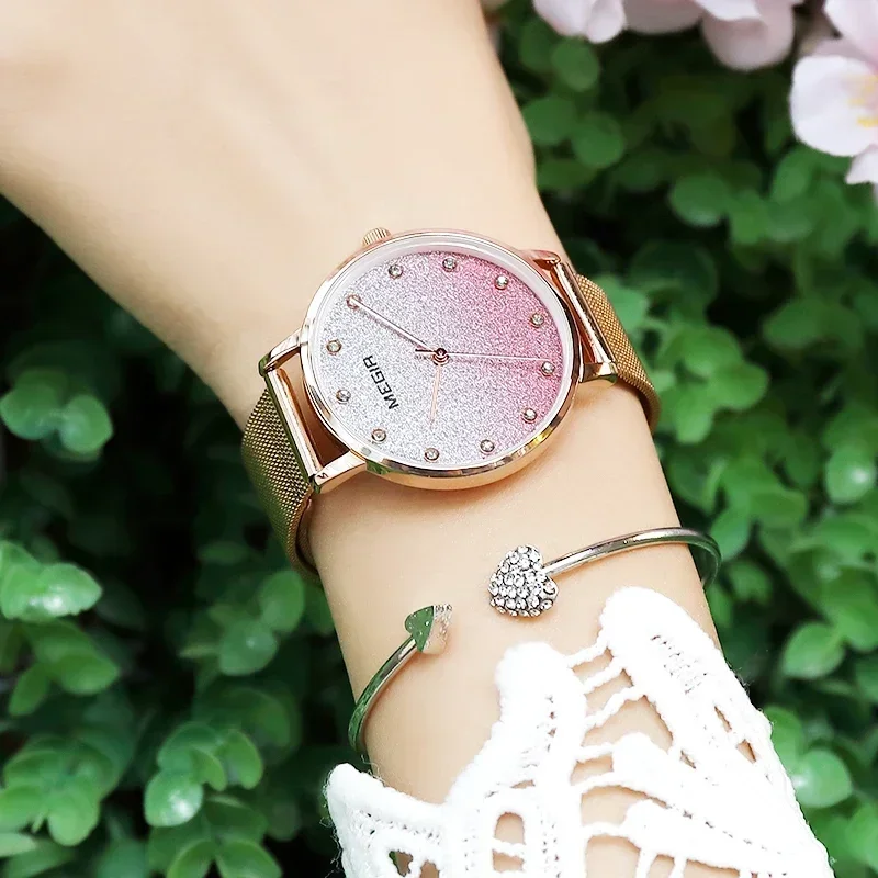 Relojes MEGIR de oro rosa para mujer, reloj de pulsera para mujer, reloj de pulsera de lujo con diamantes de imitación de marca superior, reloj de cuarzo de cristal para mujer