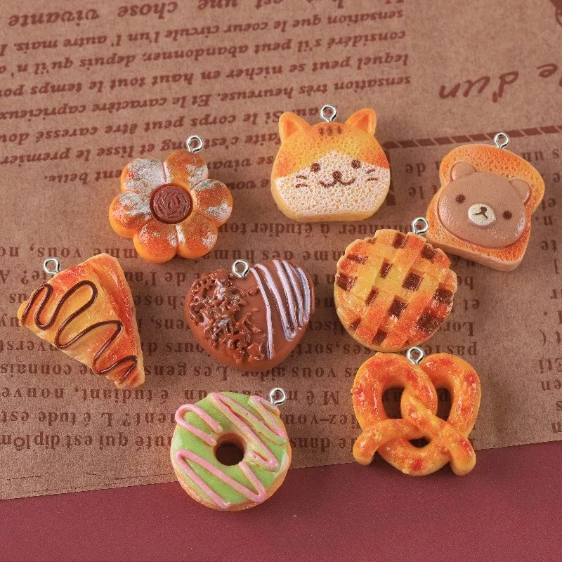 10Pcs Cute Simulation Bread Cake Resin Charms Cat Bear Toast Donut Food Pendants DIY Craft Supplies for Keychain Jewelry Making