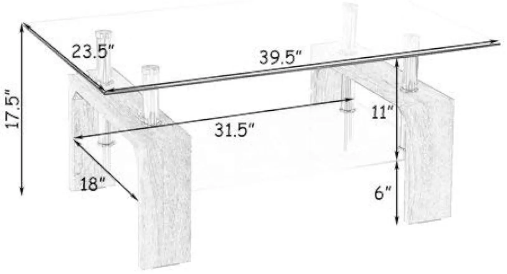 Rectangle Glass Coffee Table-White Modern Side Coffee Table with Lower Shelf Metal Legs-Suit for Living Room