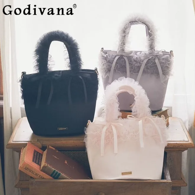 

Japanese Style Fashion Mesh Ruffles Portable Shoulder Bag Female Sweet Girls Crossbody Fairy Shopping Bag Women Handheld Bag