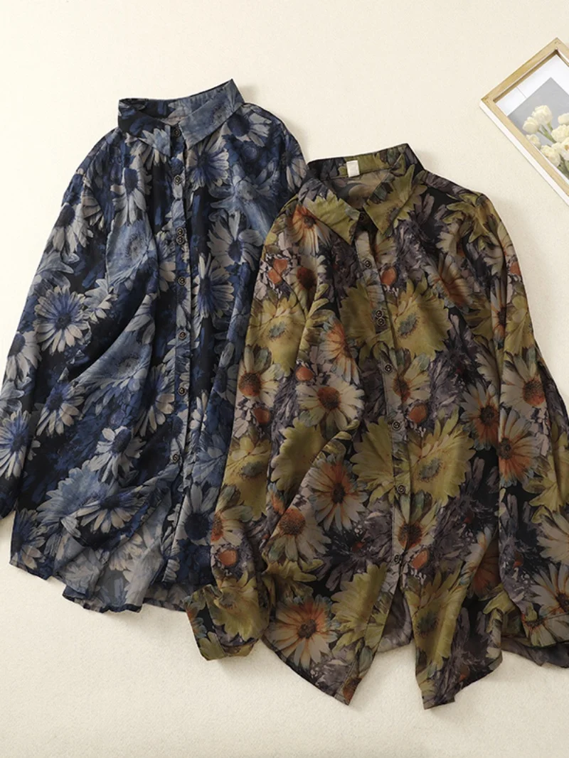 

Легкий хлопковый льняной длинный женский воротник све irt на пуговицах, винтажный свободный крой с цветочным принтом для поездок на работу