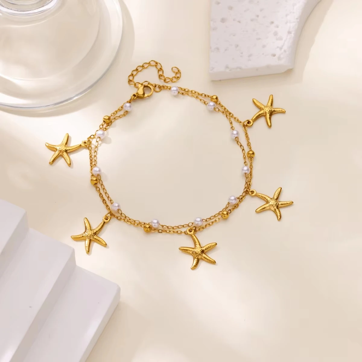 Edelstahl Seestern-Ketten-Fußkettchen für Frauen Goldfarben Imitationsperlen Fußkettchen Sommer Strand Schmuck Geschenke