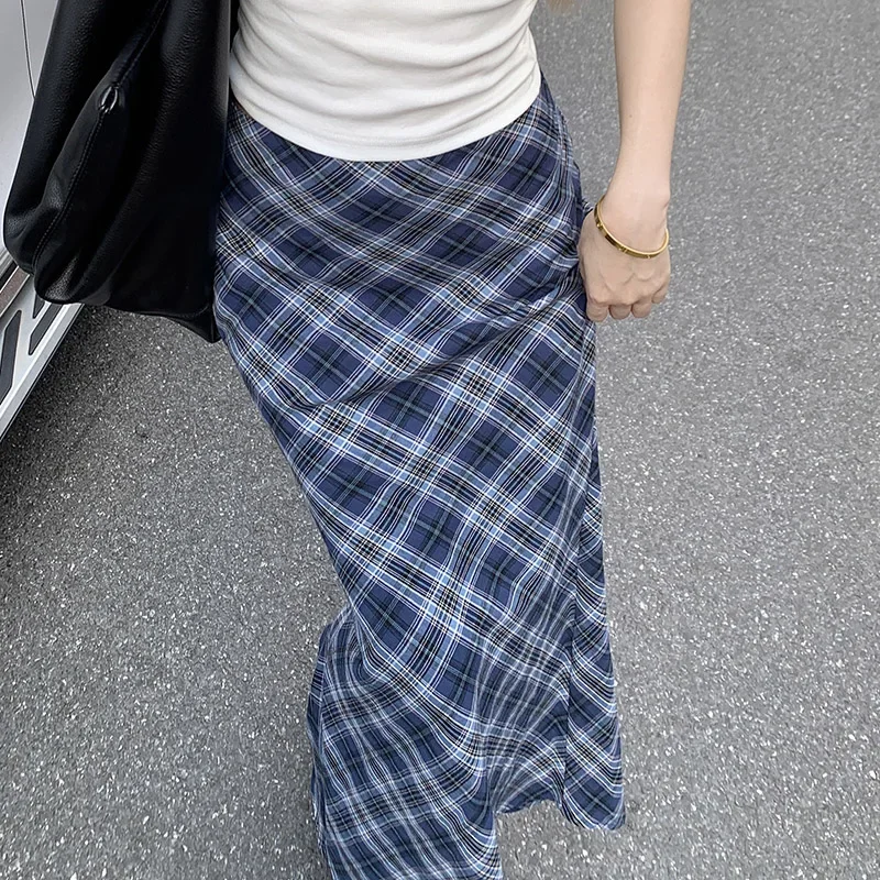 

HEYounGIRL Cute Autumn Blue Maxi Skirt Plaid Print Y2K Street Style Women Back Slit Mermaid Long Skirts Korean Casual Outfits