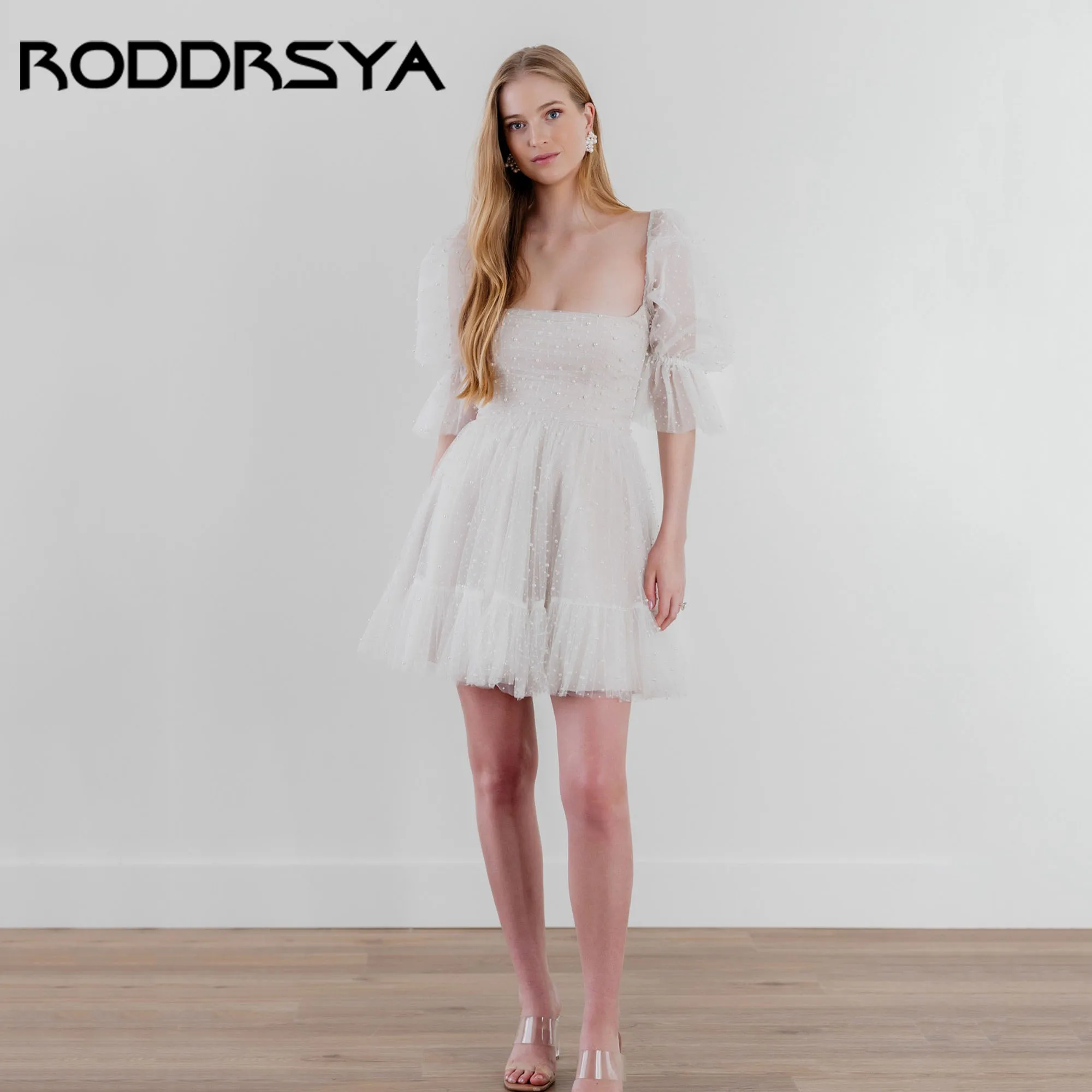 

RODDRSYA Mini Sweet Bridal Dress Puff Sleeve A-Line Pearls Tulle Wedding Gowns Square Neck Backless vestidos de novia Customized